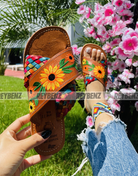 Women's Sandals with Cross band and Sunflowers -ZE-00041