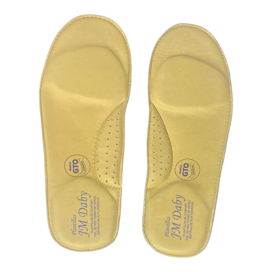 Reybenz Footwear JM Daby yellow leather metatarsal shoe inserts with perforated design for breathability and support.